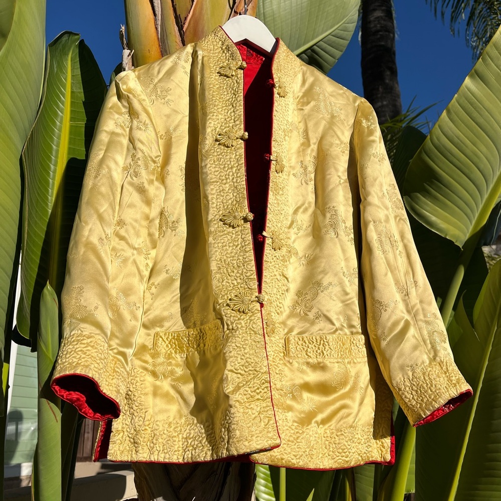 Jacquard Chinese Mandarin Collar Quilted Coat Pockets Reversible Jacket Silk - Picture 6 of 10
